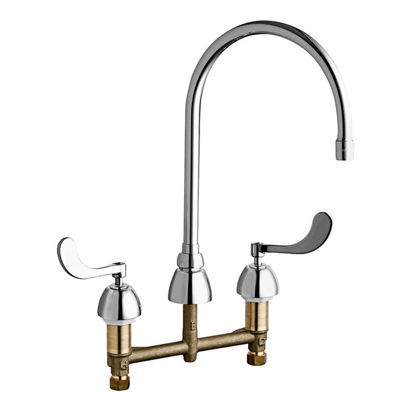 A Chicago Faucets chrome deck-mounted faucet with two gooseneck spouts and two handles.