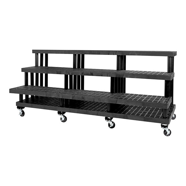 A black plastic Dunnage rack with three shelves on wheels.