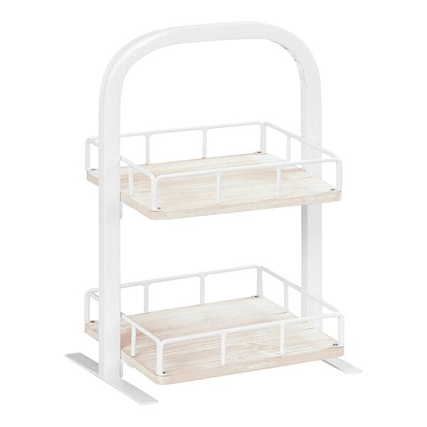 A white metal and white-washed pine wood 2-tier rack with shelves.