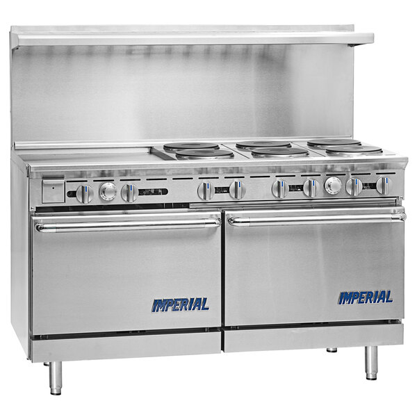 A large stainless steel Imperial Range electric range with double ovens on a counter in a professional kitchen.