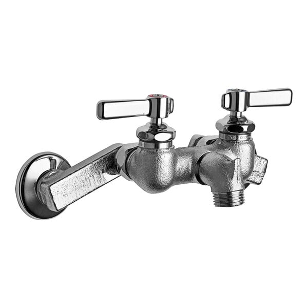 A silver Chicago Faucets wall-mounted mop sink faucet with two knobs.
