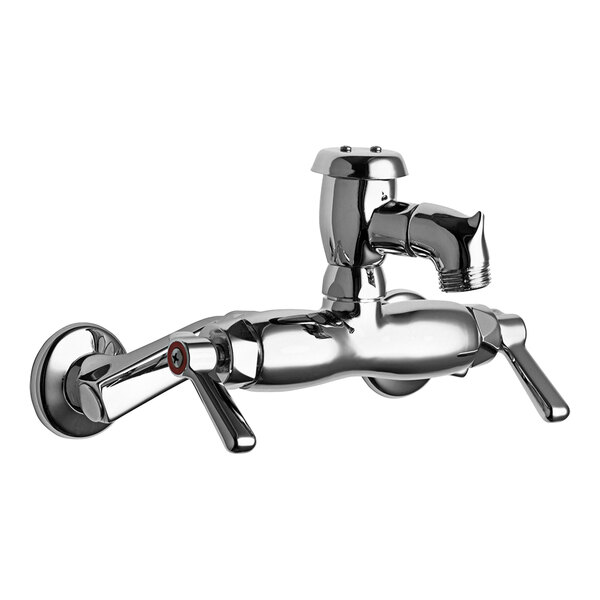 A Chicago Faucets chrome plated wall-mounted mop sink faucet with a handle.