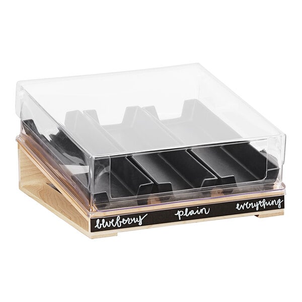 A clear plastic container with a clear plastic hinged cover.