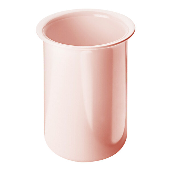A pink plastic cup with a white rim.