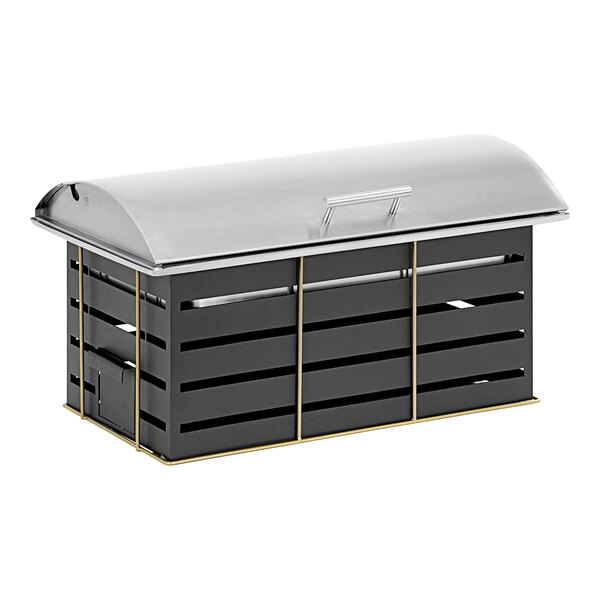 A black and gold metal Cal-Mil chafer with a metal lid.