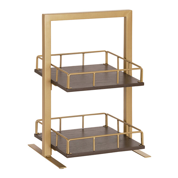 A two tiered gold metal Cal-Mil display merchandiser.