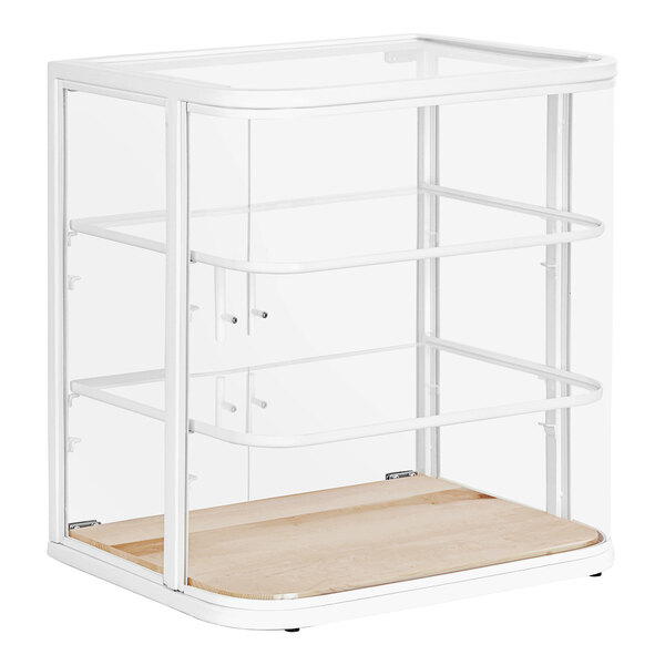 A white glass display case with wooden shelves.