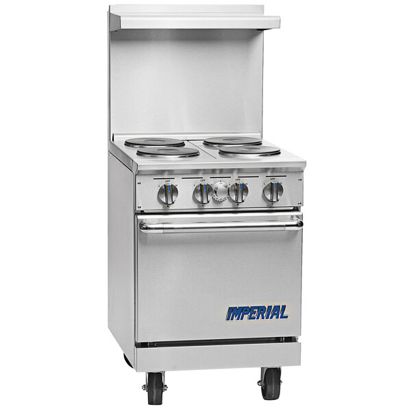 A large stainless steel Imperial Range electric stove with a griddle and space saver oven.