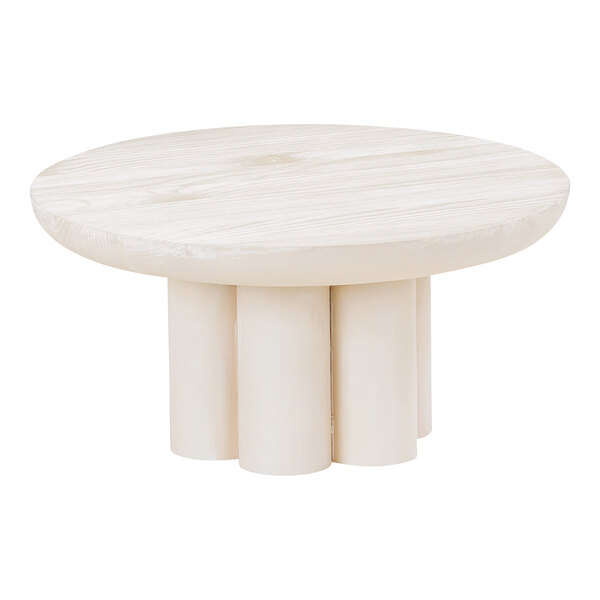 A Cal-Mil white-washed pine wood display riser on a white circular table.
