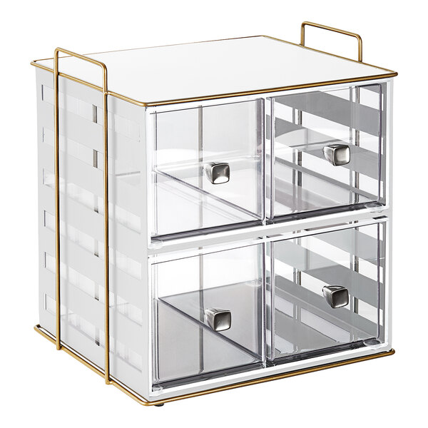 A white and gold metal Cal-Mil bread display case with two tiers and four sections.
