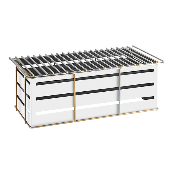 A white metal rectangular chafer alternative with metal bars.