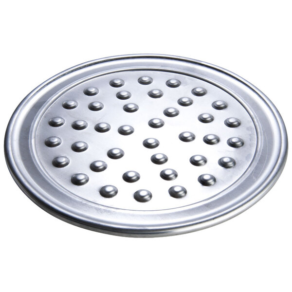 An American Metalcraft heavy weight aluminum pizza pan with nibs and a wide rim.