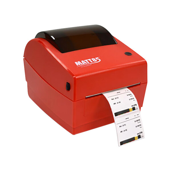 A DayMark Matt85 thermal label printer printing a barcode label.