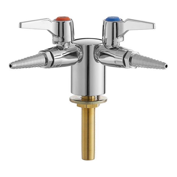 A Chicago Faucets deck-mounted laboratory turret with two 90-degree valves and orange index buttons.