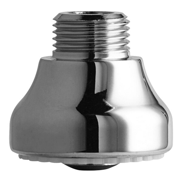 A shiny silver metal Chicago Faucets male rose spray outlet with a thread and black circle.