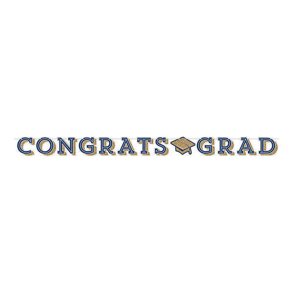 A white banner with blue and gold text reading "Congrats Grad" and square caps.