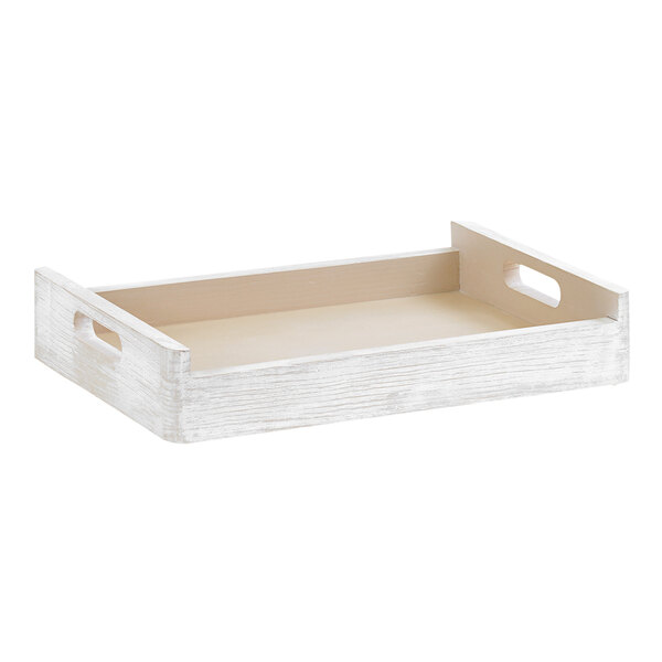 A white wooden tray with handles.