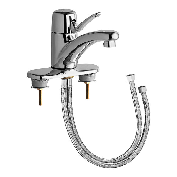A silver Chicago Faucets deck-mounted faucet with a hose.
