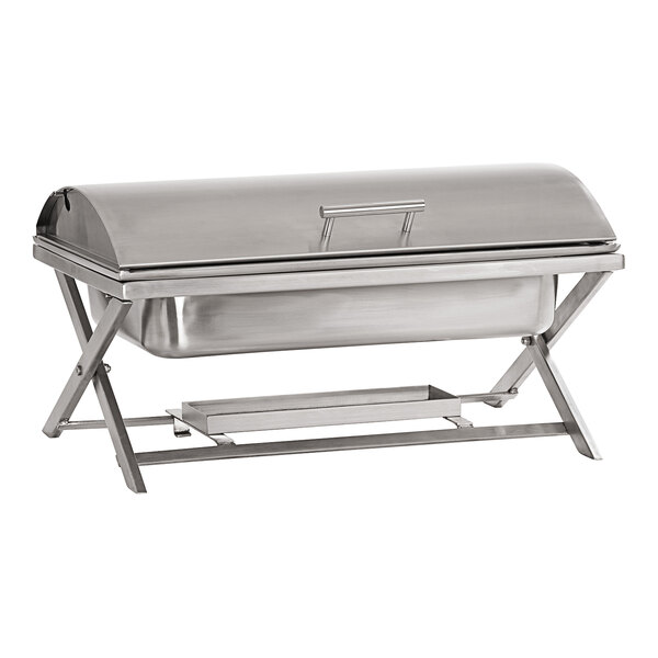 A Cal-Mil stainless steel chafer with lid on a counter.