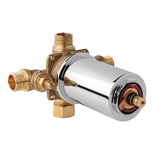 A chrome-plated Chicago Faucets thermostatic / pressure balancing shower valve with two brass pipes.