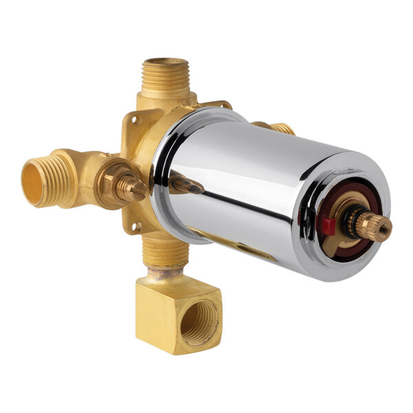 A close-up of a Chicago Faucets brass thermostatic shower valve with gold finish.