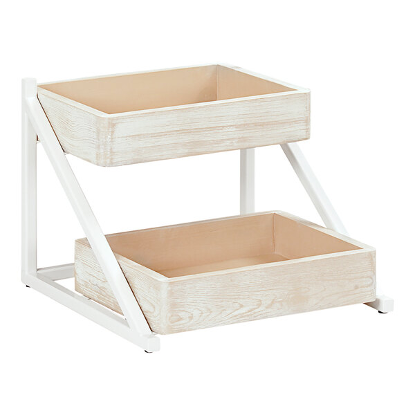 A white wooden 2-tier display merchandiser with two wooden shelves.