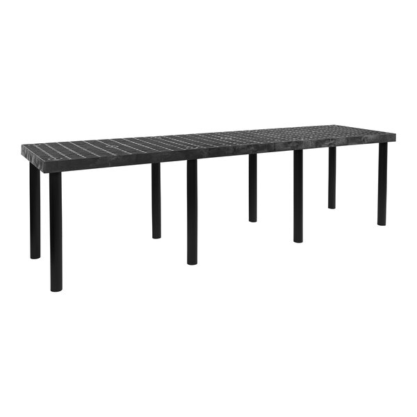 A long black Benchmaster platform display table with legs.