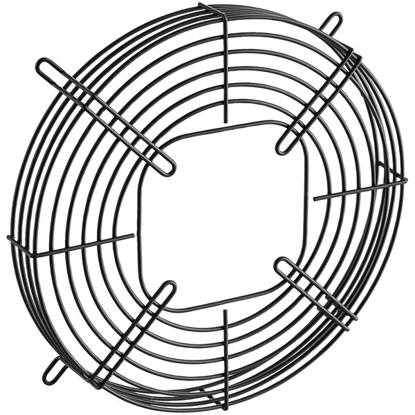 A black wire mesh condenser fan cover for Main Street Equipment commercial refrigerator fan motors.