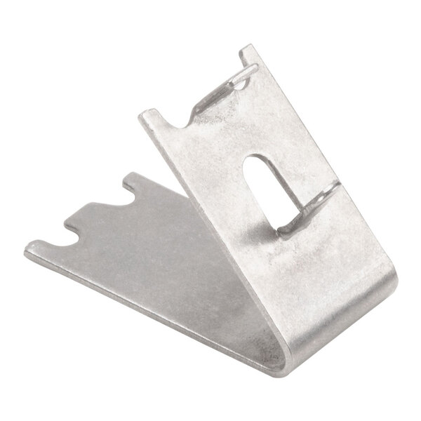 A Main Street Equipment metal shelf clip with a hole in it.