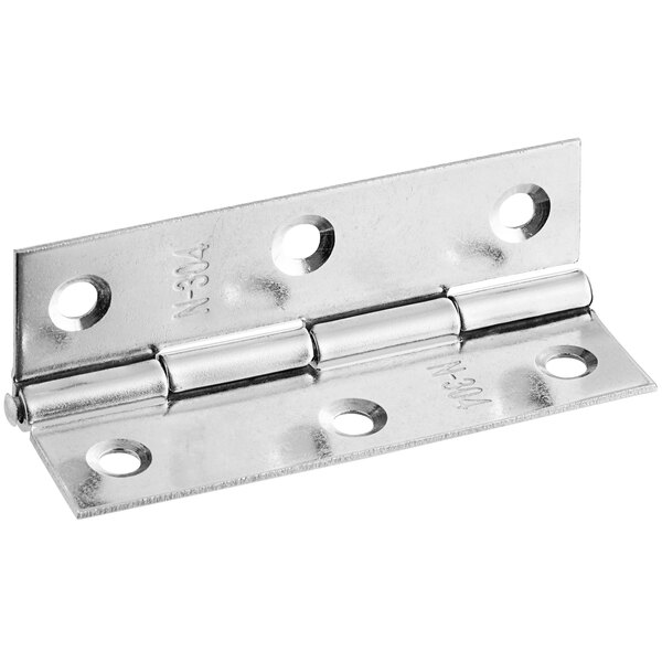 A stainless steel Main Street Equipment hinge with holes.