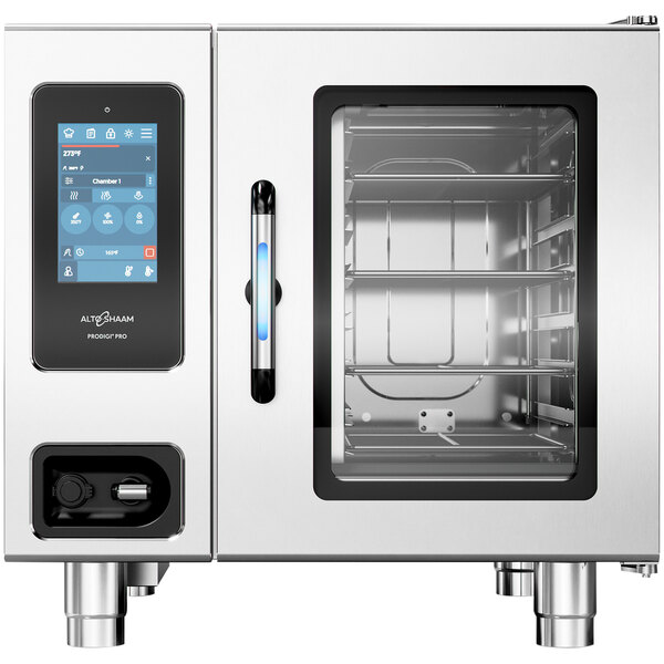 An Alto-Shaam stainless steel countertop combi oven with a digital display.