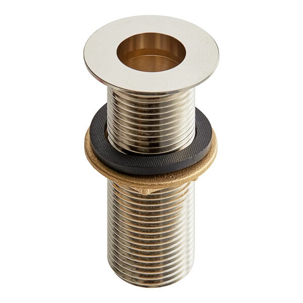 A nickel-plated brass threaded pipe with a black rubber stopper.