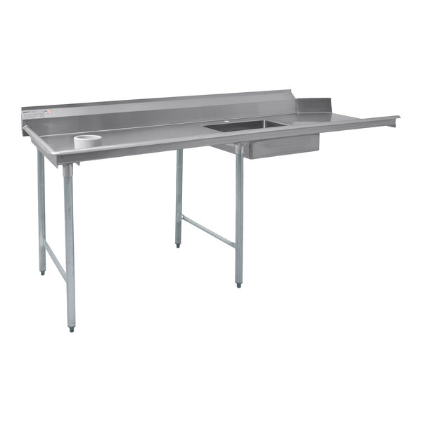 An Eagle Group stainless steel left side soil dish table with a sink and drain.