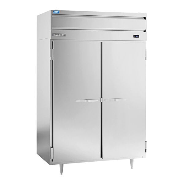 A silver Beverage-Air Cross-Temp 2 section refrigerator with solid doors.