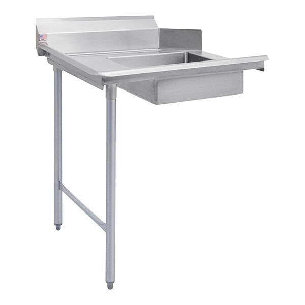 A Eagle Group stainless steel left side soil dish table with a stand and drain.