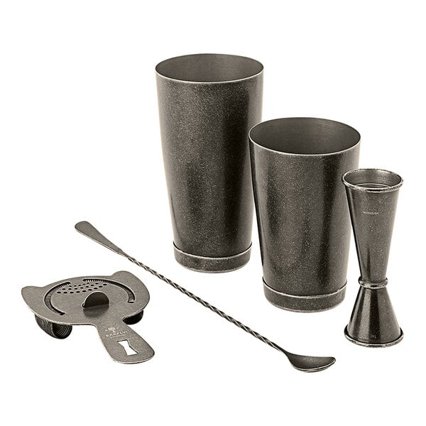 A Barfly 5-piece black metal bartender kit with cups and a spoon.