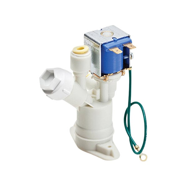 A close-up of a white Elkay solenoid valve with a blue and white device attached.