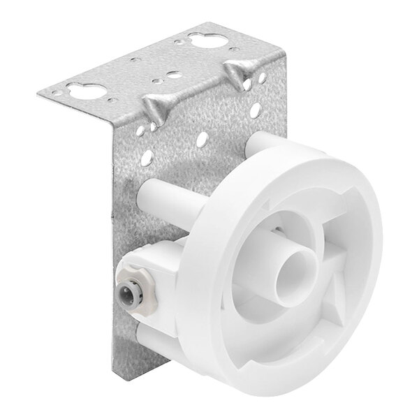 A white plastic bracket with holes and a screw.