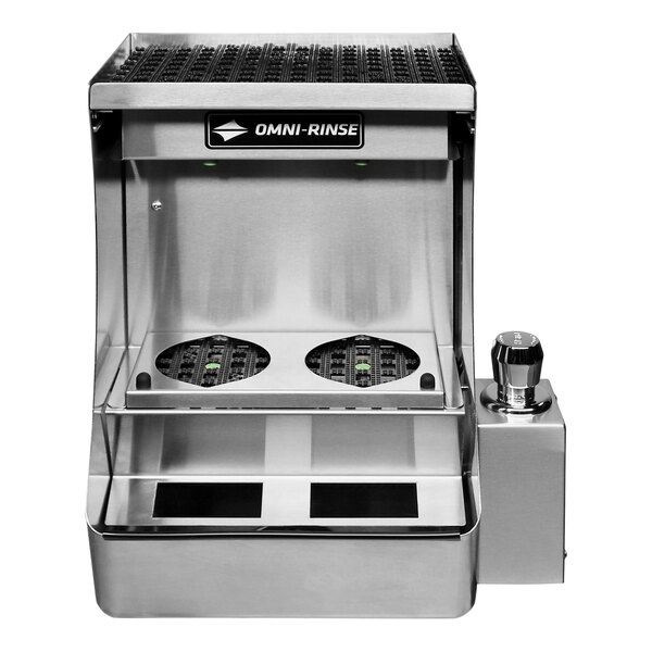 A stainless steel Omni-Rinse bar tool rinse station with two circular rinsing holes.