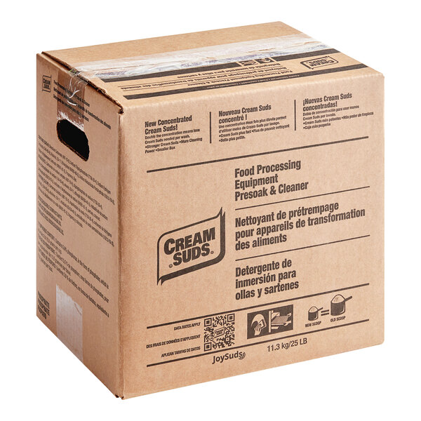A brown box of JoySuds Cream Suds detergent powder with black text on a white background.