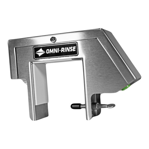A stainless steel metal Omni-Rinse saddle mount conversion head.