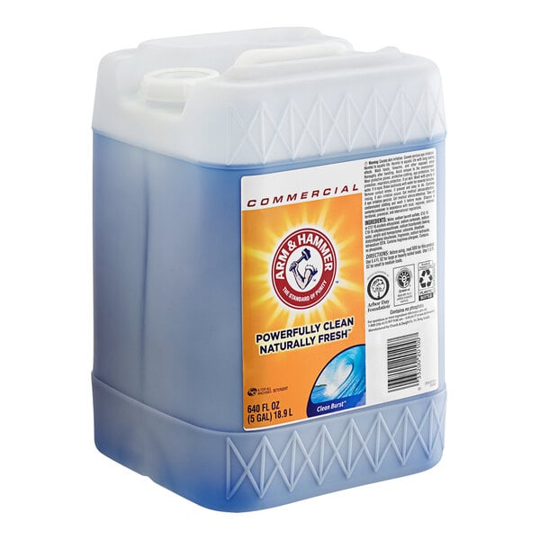 An Arm & Hammer Clean Burst liquid laundry detergent container.
