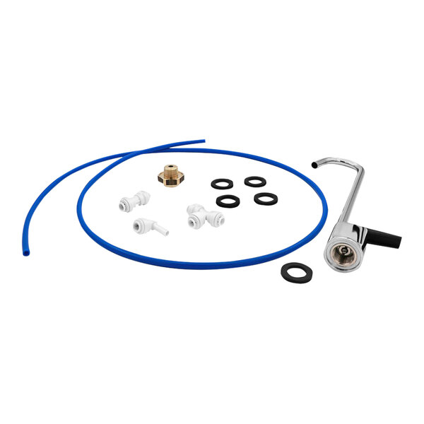 A blue hose and silver faucet kit with white and metal parts.