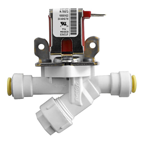 A white plastic Elkay solenoid valve with a white label.