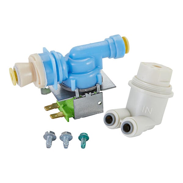An Elkay solenoid valve regulator kit with hoses and a white device.