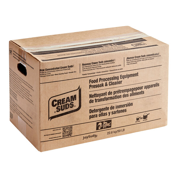 A brown box of JoySuds Cream Suds powder with black text on a white background.
