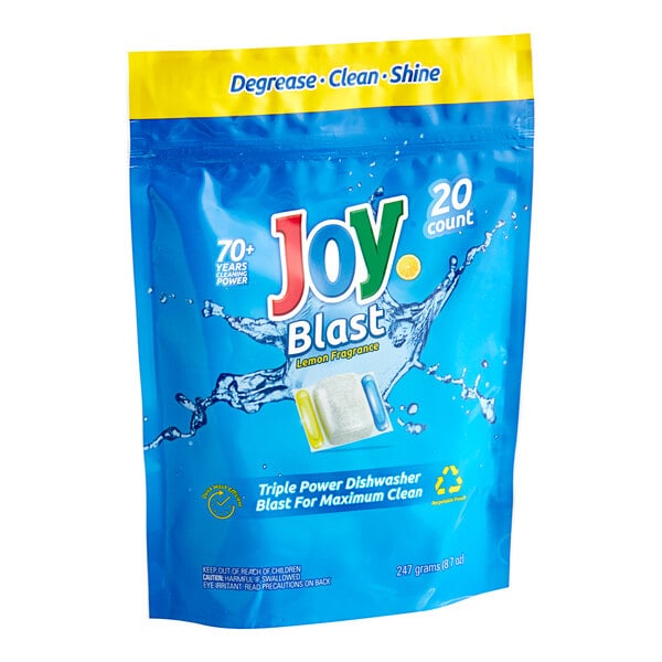 A blue package of JoySuds Joy Blast Triple Power Dishwasher Pacs with a yellow label and logo.