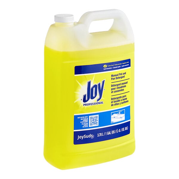 A yellow plastic container of JoySuds liquid dishwashing detergent.