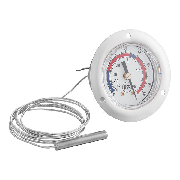 A white round Miljoco vapor thermometer with a wire.