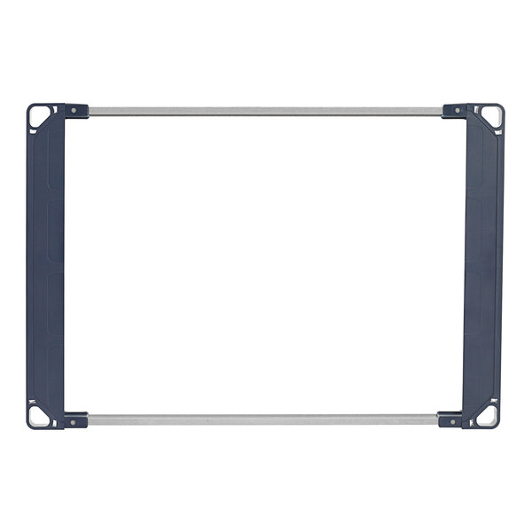 A rectangular metal frame with white shelves and metal corners.